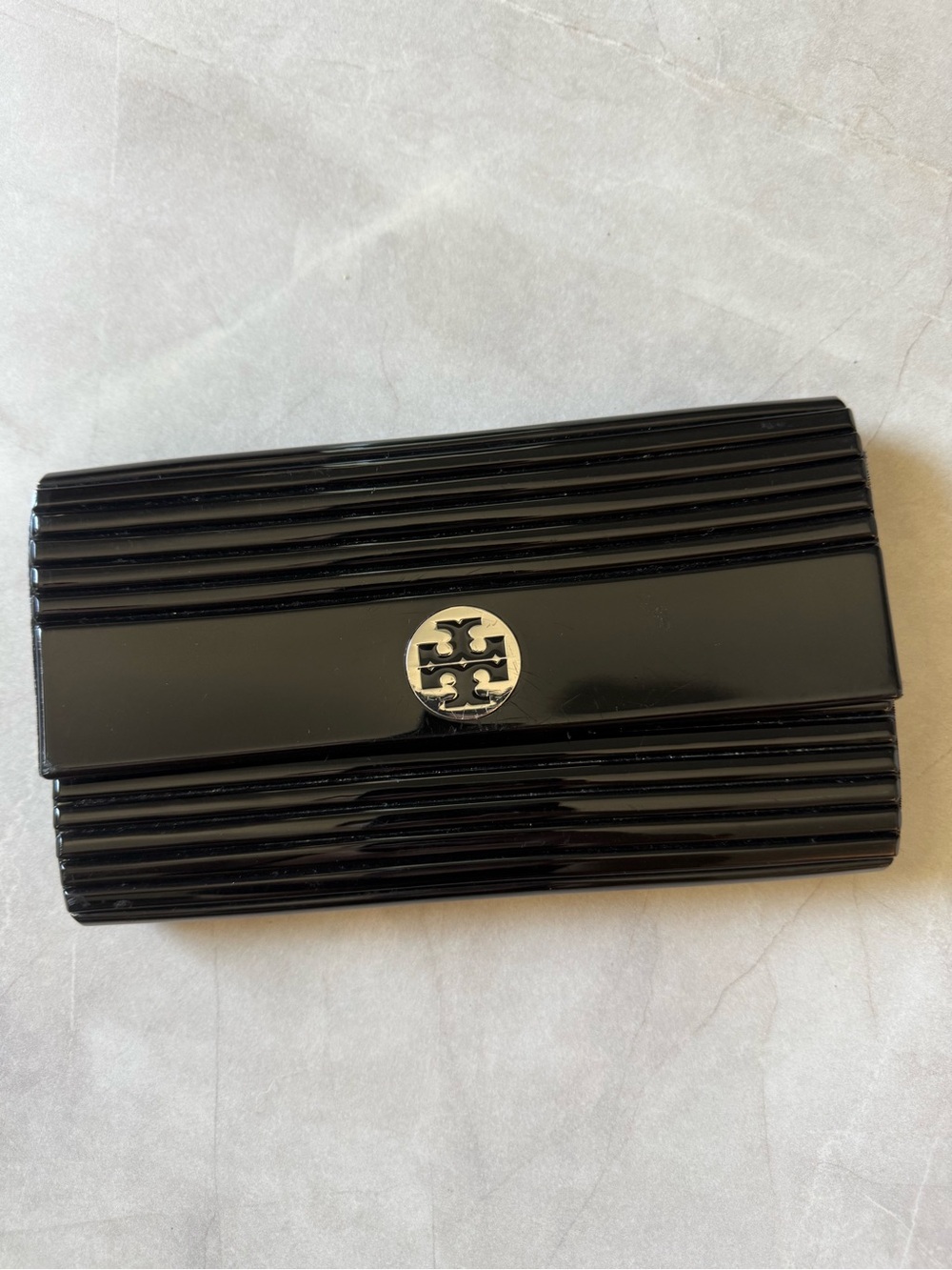 Tory Burch Lucite Acrylic Clutch – Black Silver Logo Hard Shell Evening Bag